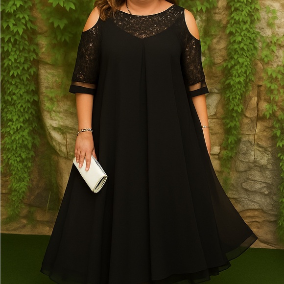Dresses & Skirts - NWOT COLD SHOULDER Black Chiffon Overlay Semi-Formal Dress, 5XL
